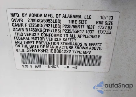 2014 Honda Pilot Lx из США, поврежденный, VIN 5FNYF3H21EB004222